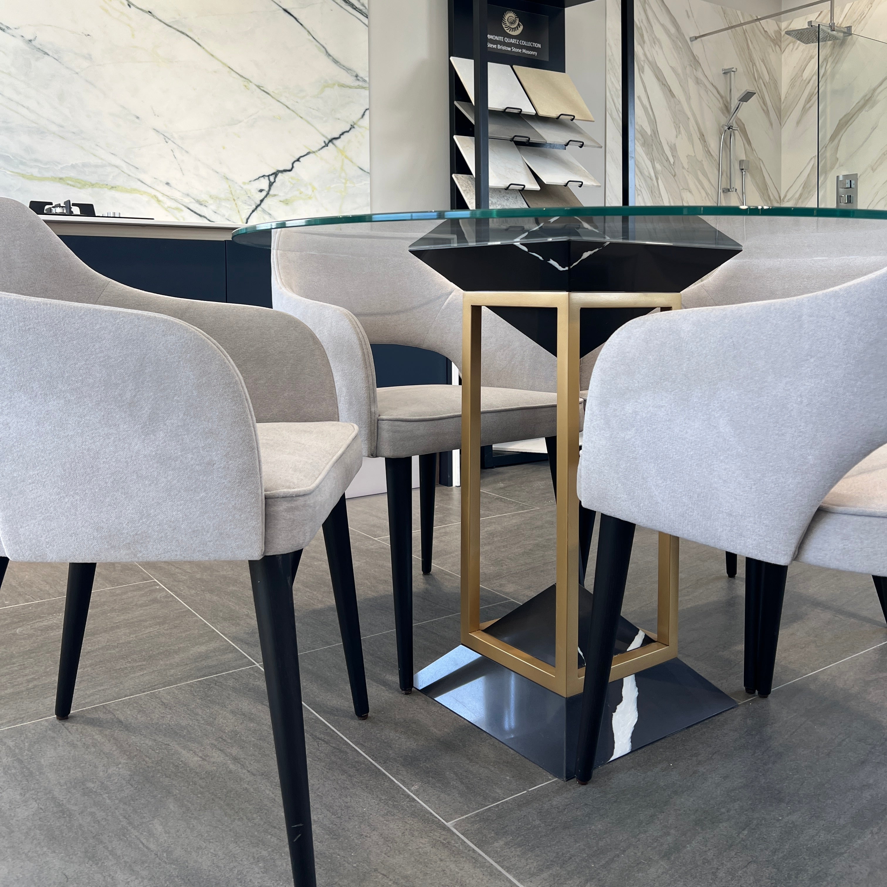 Cairo Dining Table - Ammonite Nero Marquina with Glass Top