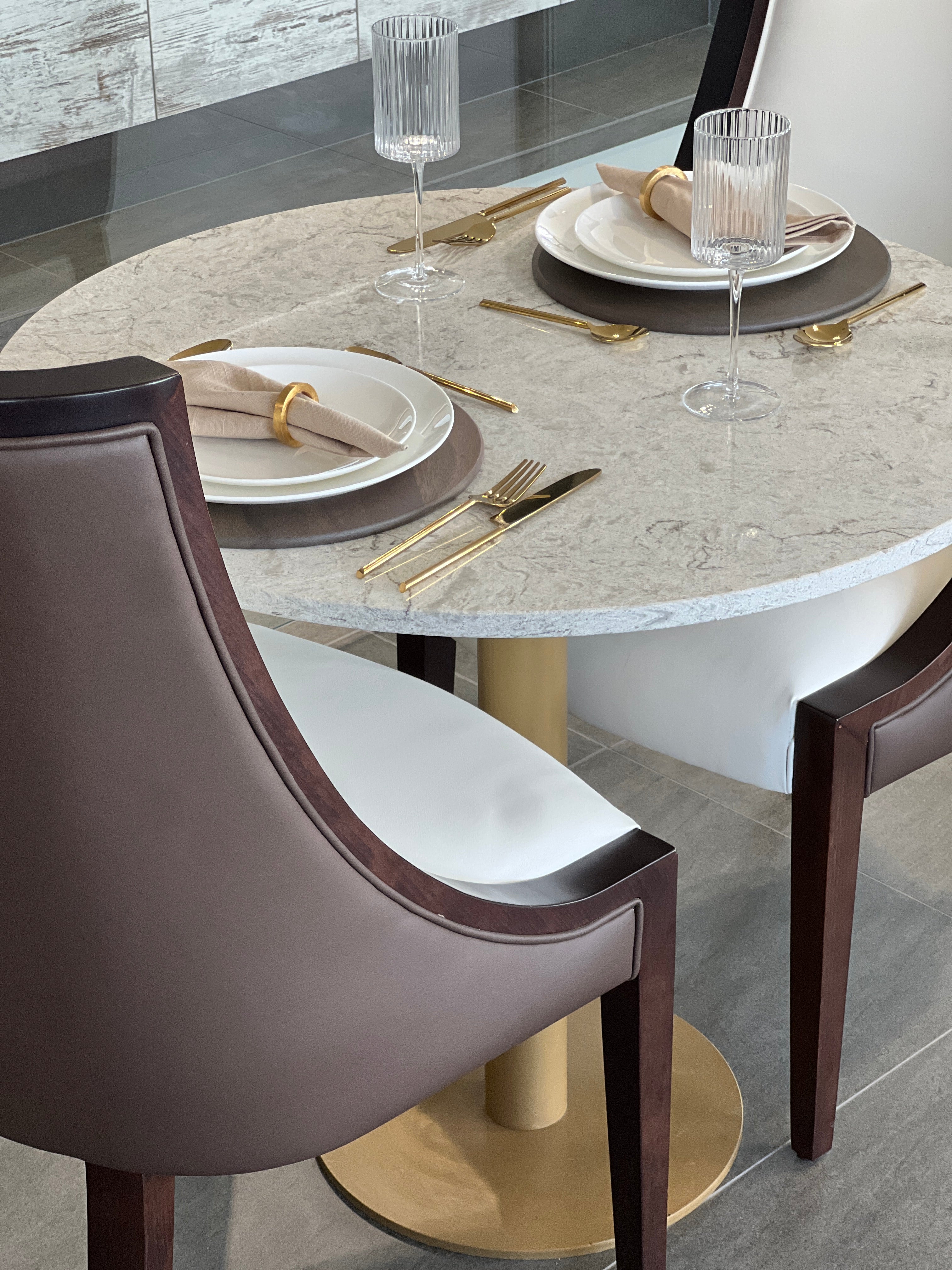 Pedestal Dining Table - Unistone Argento Quartz with Gold Base